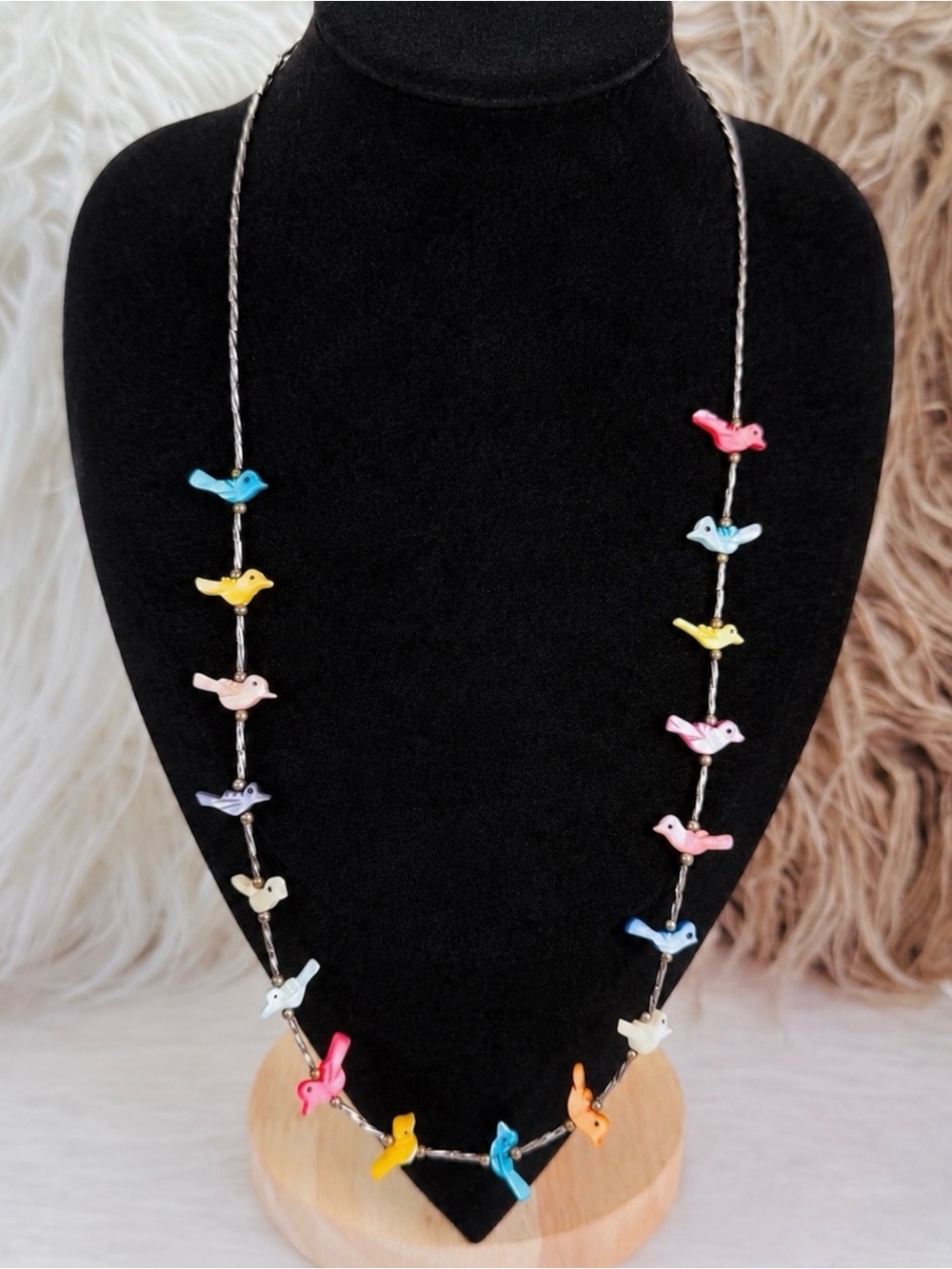 Vintage Liquid Silver Bead Necklace Carved Colorful Shell Birds Southwestern